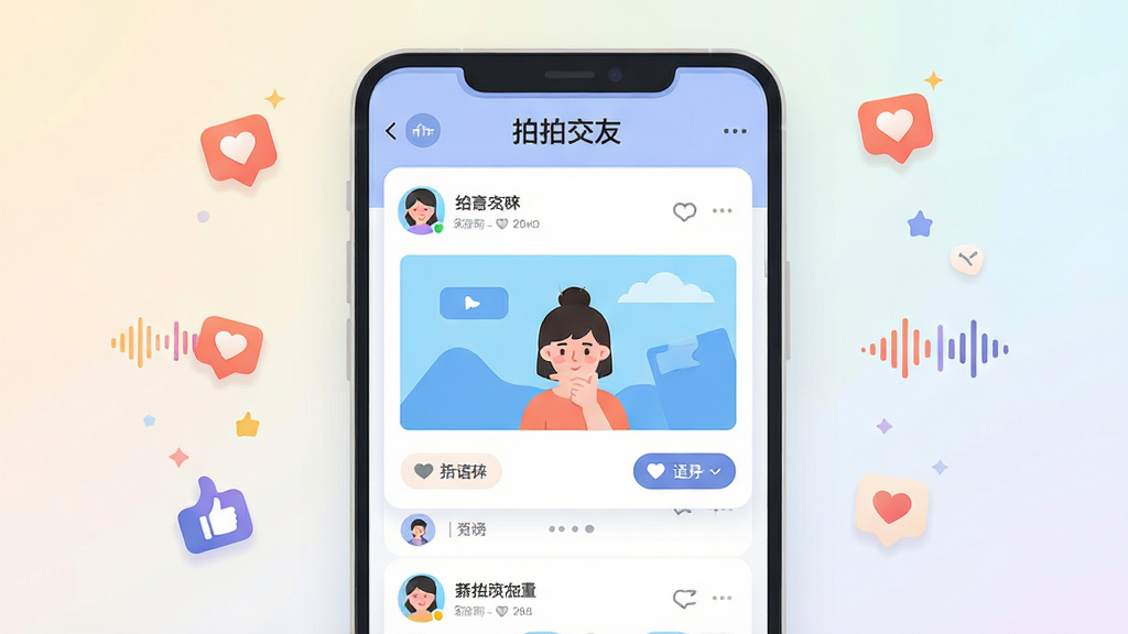 ��������Ϊ�����Ľ��ѡ���̬�㳡���棬չʾ����ͼ����������̬��Ƭ����Ƭ�ϴ����û�ͷ���ǳ��뻥����ť������Ϊǳɫ���䣬��Χ��׺����ͼ�����������η��ţ�����Ϊ��ˬ��ƽ��UI�廭����Ű����룬ϸ�����������ʸɾ���������Ԫ��