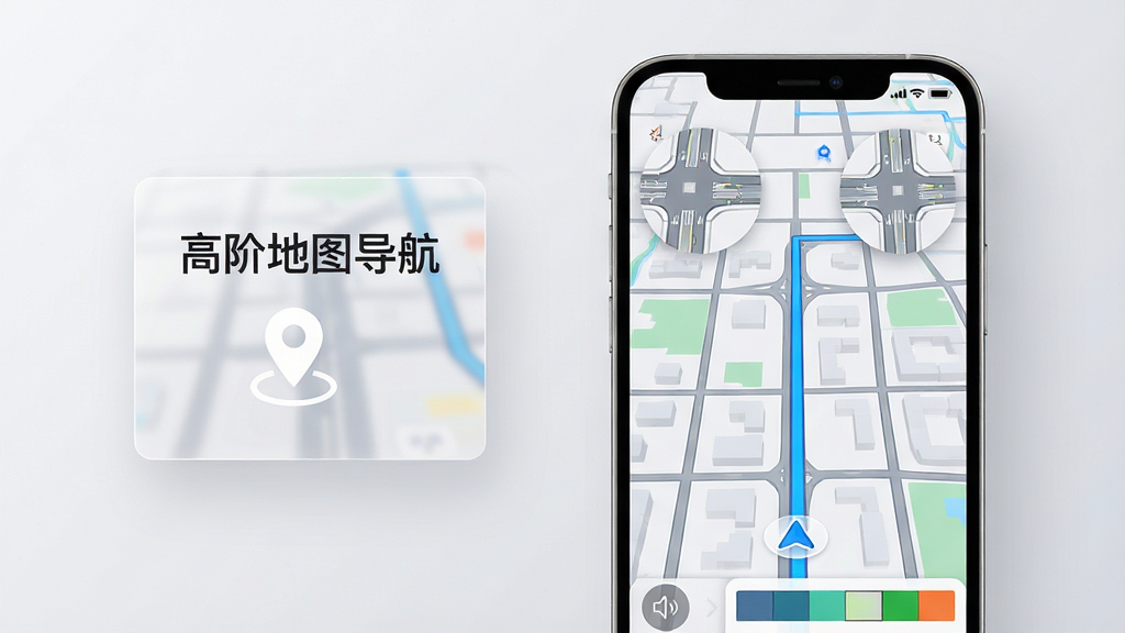 画面主体是一部竖屏智能手机,屏幕中央显示高阶地图导航的路线规划界面,蓝色导航路线贯穿城市道路网格,布局上手机居于画面正中偏右,左侧留白区域以半透明卡片形式呈现