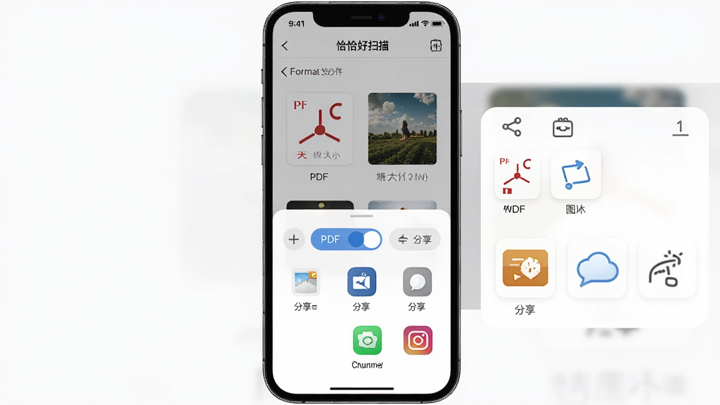 ������ǡǡ��ɨ��ĵ����������棬�ֻ���ĻչʾPDF��ͼƬ��ʽѡ�������壻����Ϊ�ֻ�������У��Ҳม������ͼ���б����Ű��η��������Ϊ�ƶ���UI��ʾ�磻ϸ�ڰ�����ʽ�л���ť���ļ���С��ʾ����������ͼ�ꣻ���ʸ��壬����ɾ����޶���Ԫ�أ�ͼ������Ϊ��ǡǡ��ɨ�衱