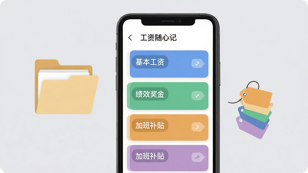 一张表现工资分类记录功能的图片,画面中一部手机屏幕显示工资随心记的分类记账页面,基本工资、绩效奖金、加班补贴等条目以彩色卡片纵向排列,旁边配有文件夹与标签图形,背景为淡灰色,风格简约商务,排版整洁,细节清晰,画质干净,无多余元素
