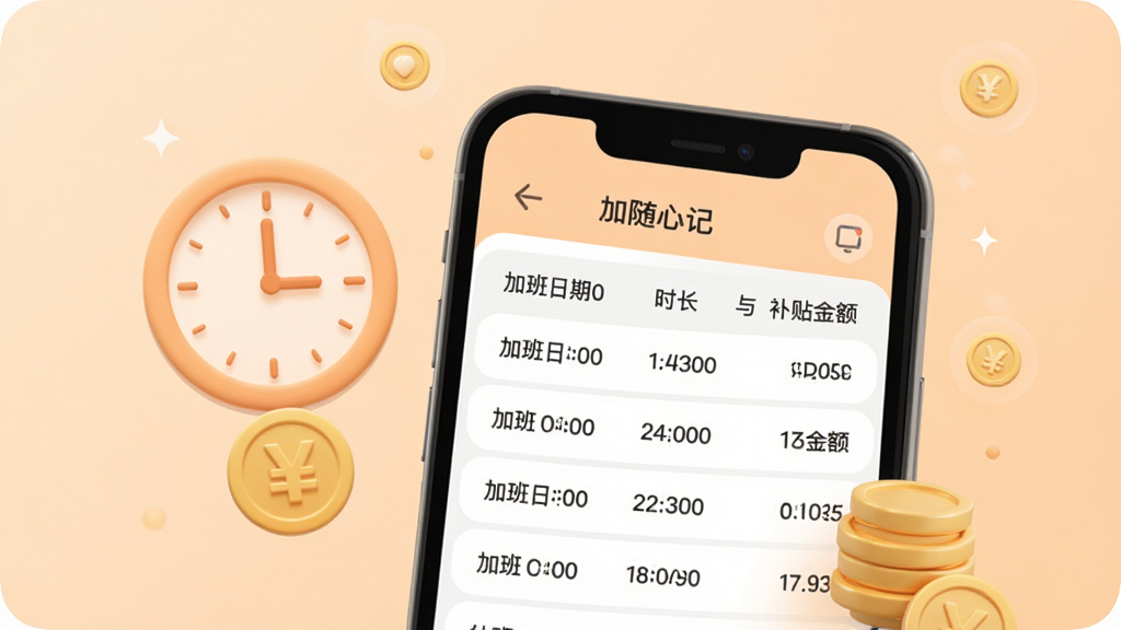 一张表现加班补贴管理功能的图片,画面中手机屏幕显示工资随心记的加班记录页面,包含加班日期、时长与补贴金额列表,屏幕旁有时钟与金币图标点缀,背景为浅橙色,风格柔和圆角,排版规整,细节清晰,画质干净,无多余元素