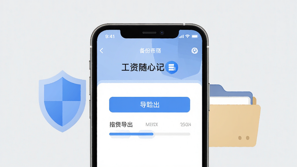 一张表现数据备份功能的图片,画面中央一部手机显示工资随心记的备份导出界面,屏幕上有文件导出按钮与进度条,手机旁有盾牌与文件夹图形,背景为浅灰色,风格素雅极简,排版居中,细节清晰,画质干净,无多余元素