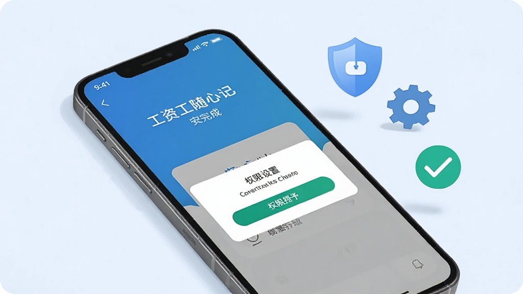 一张表现手机应用安装与权限设置的图片,画面中一部手机屏幕显示工资随心记的安装完成界面与权限授予弹窗,屏幕旁有盾牌、齿轮与勾选图标,背景为浅蓝色,风格清爽素雅,排版清晰,细节干净,画质干净,无多余元素