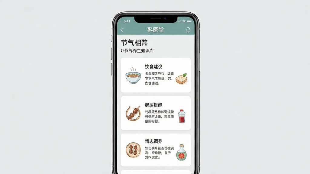 ��������Ϊ����ҽ�á�Ӧ���ڽ�������֪ʶ��ҳ���ͼչʾ��ҳ�涥����ʾ��ǰ�������������ڣ��·��Կ�Ƭ��ʽ������ʳ���顢������Ѻ���־��������ģ�飬��Ƭ���м�����ҽ���廭ͼ�ꣻ����Ϊ�ֻ���Ļ����չʾ����Χ����ǳ��ɫ�������Ű�������ģ������ȣ����Ϊ��ˬ���ƶ���UIչʾ���ϸ�ڴ���Ƭ���������ɶ���ͼ��������ࣻ��������������ɾ�������Ԫ��