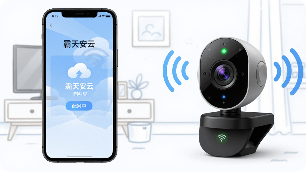 ����չʾһ���ֻ���һ̨��������ͷ���ڽ���WiFi�������ӣ��ֻ���Ļ��ʾ���찲�������������棬����ͷָʾ����˸����Χ��WiFi�źŲ���ͼ�꣬����Ϊ�Ӽһ�������������������죬�����ֻ�������ͷ���Һ�Ӧ��ϸ�����������ʸɾ���ͼ������Ϊ�����찲�ơ��͡������С�