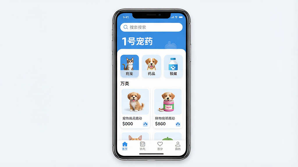 һ�Ÿɾ��������ֻ�Ӧ�ý���չʾͼ������������һ����ֱ�ڷŵ������ֻ�����Ļ�ڳ��ֳ���ҩƷ�̳ǵ���ҳ���֣��������������롰1�ų�ҩ�����ֱ�ʶ���в�Ϊè��ҩƷ����ͼ������Ʒ��Ƭ���ײ�Ϊ�������������������������ɫ��������ִ���ϸ�����������ʸ��壬�޶���Ԫ��