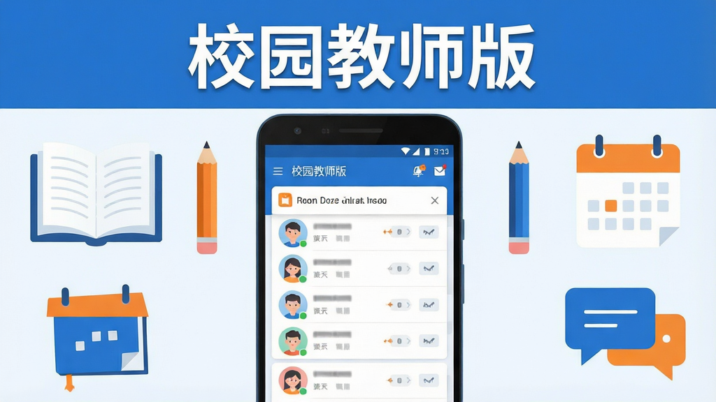 ����������һ����ֱ�ڷŵİ�׿�ֻ�����Ļ��չʾУ԰��ʦ��Ӧ�õİ༶���������棬����ѧ��ͷ���б���֪ͨ�����ֻ���Χ�Ա�ƽ������������鱾��Ǧ�ʡ��������Ի���Ƚ�ѧԪ��ͼ�ꣻ���岼�־��жԳƣ��Ϸ����׷��üӴֱ�������