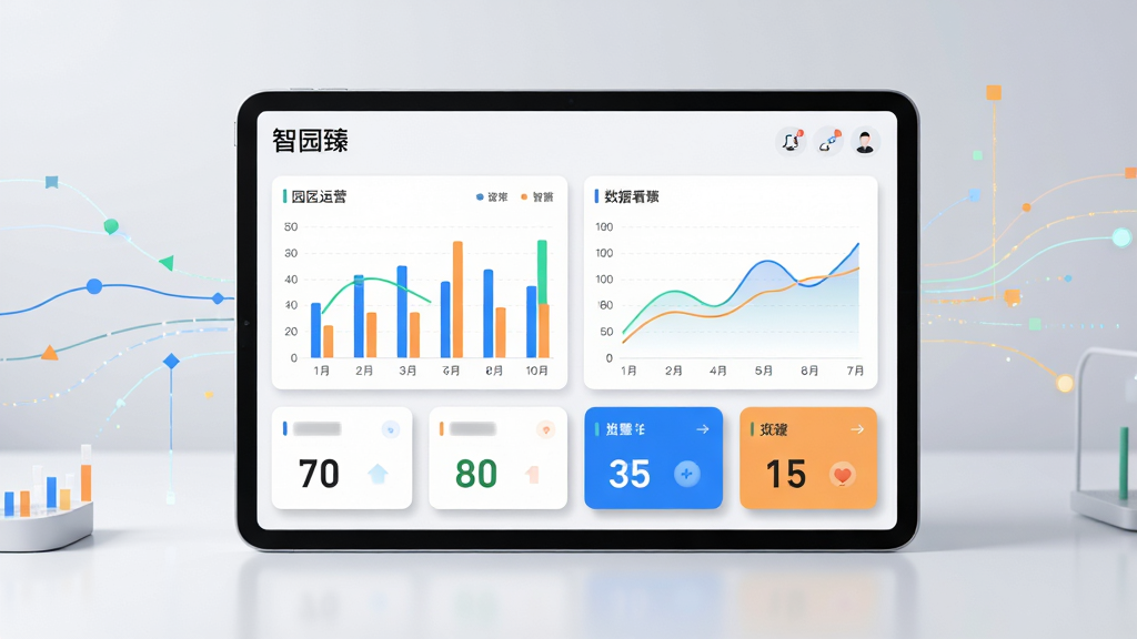 ��������Ϊһ������ƽ���豸����Ļ��չʾ԰����Ӫ���ݿ��壬������״ͼ������ͼ������ָ�꿨Ƭ��ƽ������ڼ�����棬��Χ��׺����������������������Ϊ����ƽ�ӹ�ͼ�����Ϊ�Ƽ������ݿ��ӻ��磬ϸ����ǿ��ͼ��ɫ�ʶԱ��뿨Ƭ��Ӱ���������������������пɳ������֡���԰�顱λ�ڿ������Ͻǣ��޶���װ��