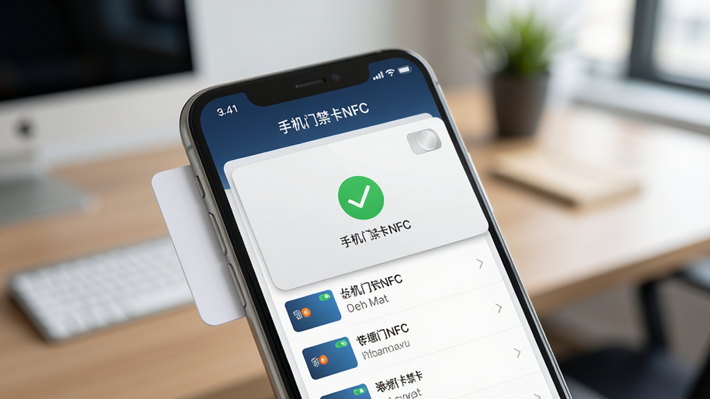 手机屏幕特写,显示“手机门禁卡NFC”应用界面,界面中有卡片读取成功的绿色对勾图标和卡片信息列表,手机背面紧贴一张白色门禁卡,背景虚化的办公桌环境,风格简洁现代,细节丰富,画质清晰干净
