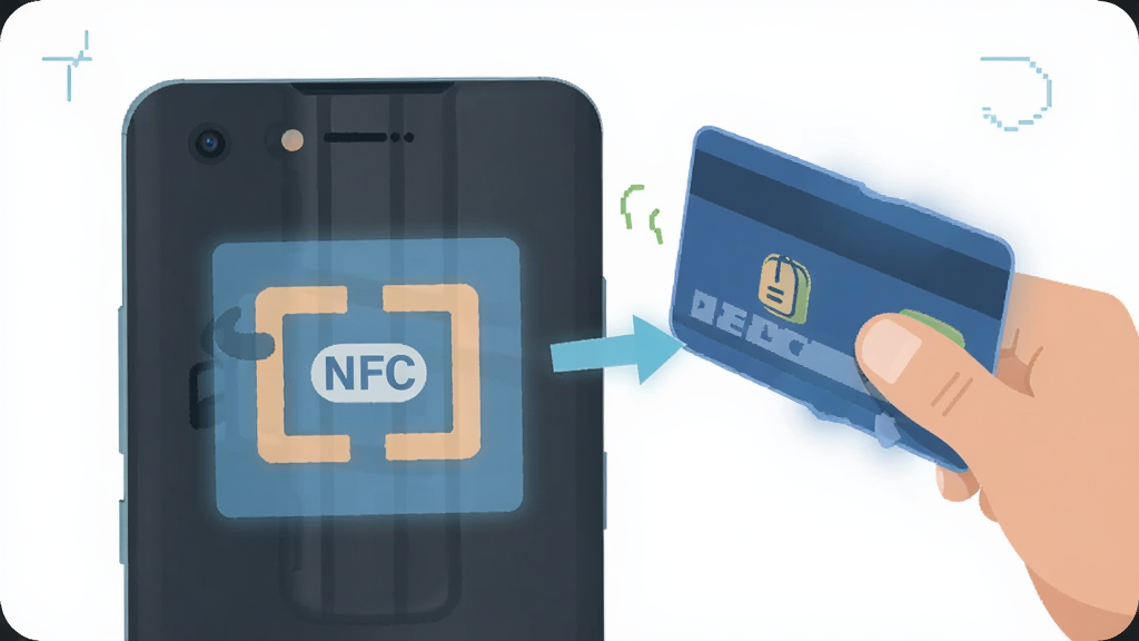 安卓手机NFC感应区位置示意图,手机背面用半透明高亮区域标注NFC天线位置,旁边有门禁卡贴近的示意箭头,画面风格扁平化信息图,配色清爽,布局清晰,细节准确,画质干净