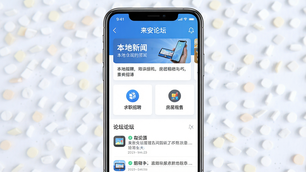 һ�������ֻ���Ļ������ʾ��������̳��Ӧ�������棬���涥���б���������Ѷ��Ƭ���в�Ϊ��ְ��Ƹ�뷿�����۹������ͼ�꣬�ײ�Ϊ��̳������Ϣ���б������岼���������࣬���Ϊ�ִ���ƽ��UI��ƣ�ɫ������ɫ�Ͱ�ɫΪ��������ɾ�������ϸ�ڷḻ�����廭�ʣ��޶���Ԫ��