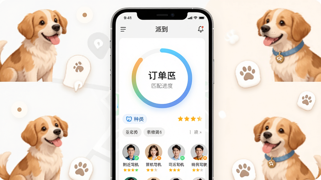 主体为“派到”应用中的智能匹配界面,画面中央是订单匹配进度环和附近司机头像列表;布局为界面截图居中,四周环绕宠物出行元素;排版清晰,信息层级分明;风格为科技感与温馨感结合的UI展示风格;细节包括地图定位图标、宠物种类选择标签、司机评分星级;画质高清,画面干净,无多余元素