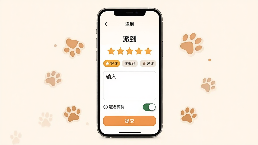 主体为“派到”应用评价页面,手机屏幕显示五星评分和评价标签选项;布局为手机居中,周围有宠物爪印装饰元素;排版突出评分星级和文字评价输入区;风格为简洁明快的评价界面展示风格;细节包括好评标签按钮、匿名评价开关、提交按钮;画质清晰,界面干净,无多余元素