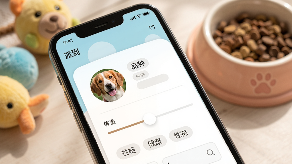 主体为“派到”应用宠物档案编辑界面,屏幕上展示宠物头像、品种标签和健康备注输入框;布局为手机正面展示,背景为宠物玩具和食盆;排版以表单卡片形式呈现;风格为清新柔和的移动应用界面风格;细节包括宠物照片圆形头像、体重滑块、性格标签选择;画质高清,色彩温暖,无多余元素