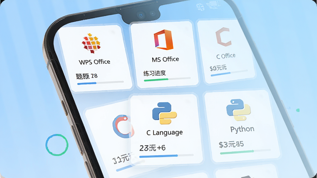�����������������б�����չʾ���ֻ���Ļ�г��ַ��������Ŀ�Ŀ��Ƭ������WPS Office��MS Office��C���ԡ�Python��ͼ�꣬ÿ����Ƭ�·���ע��Ŀ��������ϰ���ȣ�����Ϊǳ��ɫ���䣬������¼�࣬���ʸ��壬���������ɶ�