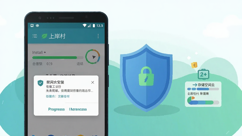 ����չʾһ����׿�ֻ���װ���ϰ��塱APP�Ĺ��̽��棬��Ļ���а�װ��������Ȩ����ʾ�������ֻ��Ա߷��ö��ư�ȫͼ��ʹ洢�ռ�ʾ��ͼ����ƽ�廭�����ɫ������Ϊ��������������ϸ��׼ȷ�����ʸɾ�