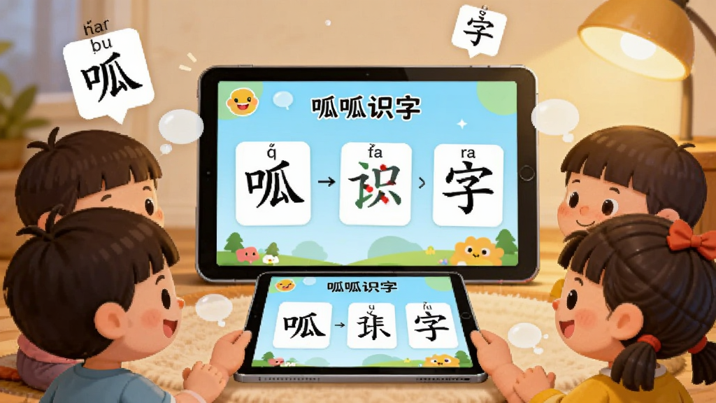 ��������ΪһȺ��ͨ��ͯΧ����ƽ�����ǰ�ۿ����ֶ�������Ļ����ʾ������ʶ�֡��ĺ����ݱ䶯��������Ϊǰ����ͯ�뱳����Ļ�Ĳ�ι�ͼ�����Ϊ��ܰ�����ļ�ͥѧϰ�����廭��ϸ�ڰ���Ư���ĺ��ֿ�Ƭ��ƴ�����ݺ���͵ƹ⣬���������ɾ����޶���Ԫ��