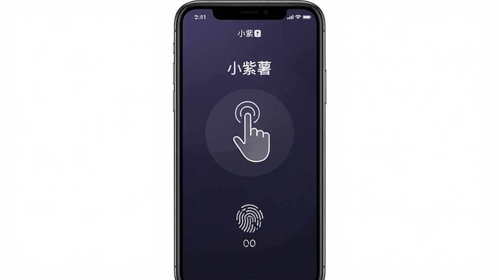 手机屏幕展示“小紫薯”应用的隐私空间解锁界面,界面中央有手势密码图案和指纹图标,背景为深色渐变,风格沉稳安全,画质清晰,干净无多余元素