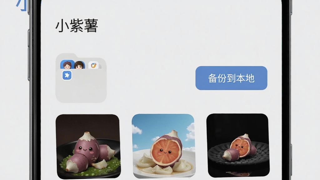安卓手机屏幕显示“小紫薯”应用的收藏夹界面,界面中有一个文件夹图标和若干图片缩略图,旁边有“备份到本地”按钮,背景为浅灰色,风格简约商务,画质清晰,干净无多余元素