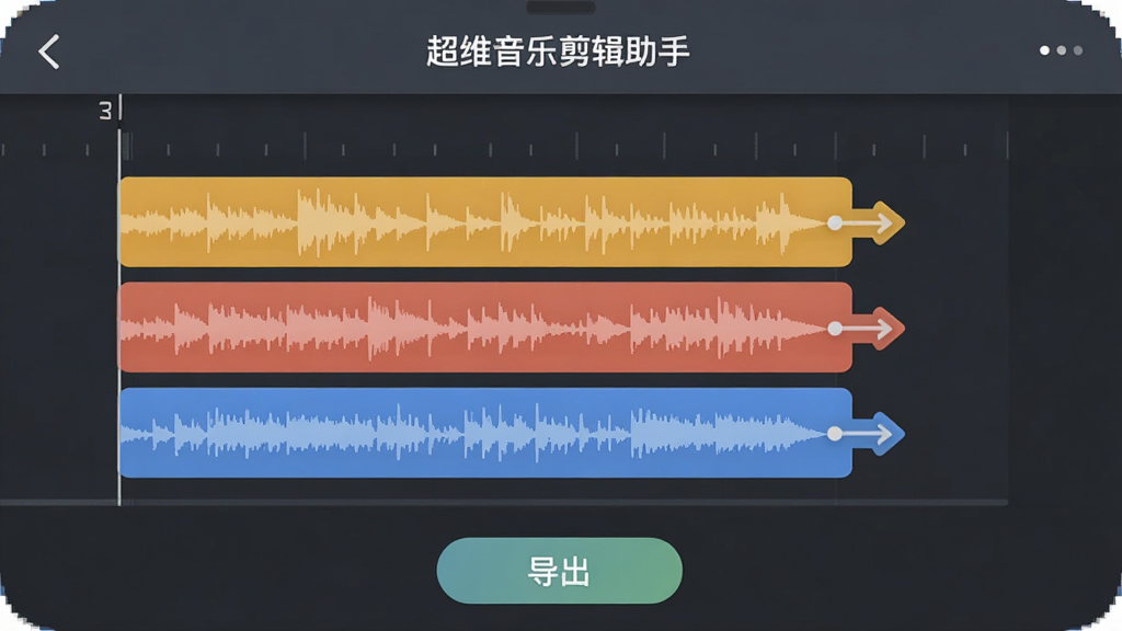 手机界面展示多段音频拼接工作区,三条不同颜色的音频条水平排列在时间轴上,每条末端有连接箭头,顶部标题“超维音乐剪辑助手”,底部有导出按钮,扁平化设计,配色清爽,画质干净无杂物