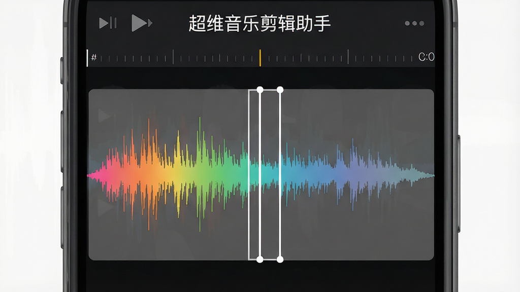 手机界面显示一条彩色音频波形,两根白色竖线标记选区范围,选区外区域呈半透明灰色,顶部显示“超维音乐剪辑助手”字样和时间刻度,画面简洁明亮,扁平化设计风格,细节锐利,画质干净
