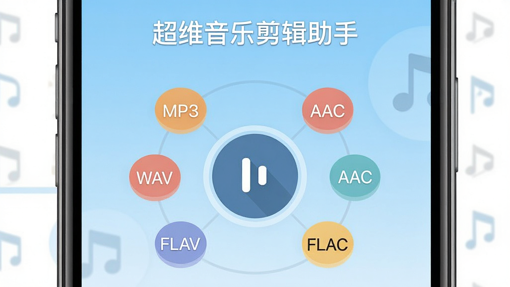 手机屏幕展示音频格式转换界面,中央是一个圆形转换图标,周围环绕“MP3”“AAC”“WAV”“FLAC”等格式标签,顶部写“超维音乐剪辑助手”,背景为淡蓝色渐变,扁平化图标风格,画面干净整洁,画质清晰