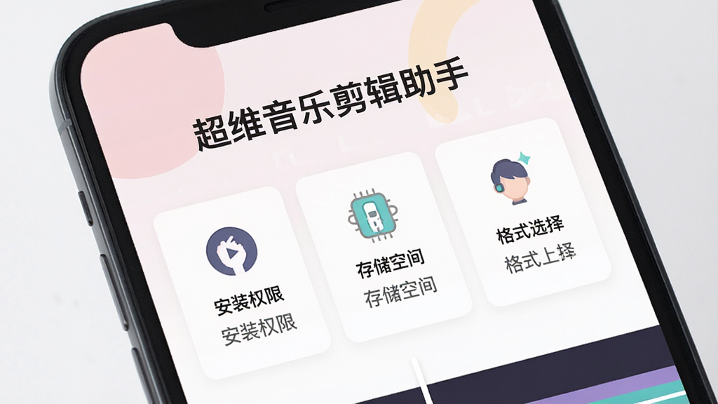 手机屏幕展示音乐剪辑软件的新手引导页面,画面中有“超维音乐剪辑助手”标题,下方排列安装权限、存储空间、格式选择三个提示卡片,配简洁图标,扁平化风格,色调柔和,画质干净清晰
