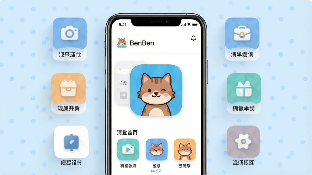������չʾ BenBen Ӧ��ͼ������ˬ��ҳ���֣��ֻ���Ļ���з��ã���Χ���ƹ���ģ��ͼ�꣬ǳɫ��������ƽ����Ʒ�񣬽����������������ʸɾ�ϸ�壬�޶���װ��Ԫ��