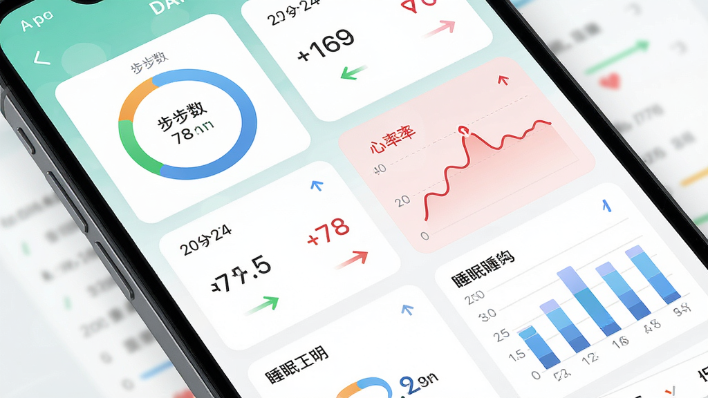 手机屏幕展示健康数据仪表盘,包含步数环形图、心率折线图、睡眠柱状图等元素,布局为网格化信息面板,风格为清新健康类APP界面设计风,细节包括数据卡片、趋势箭头、日期标签,画质高清,干净,无多余元素