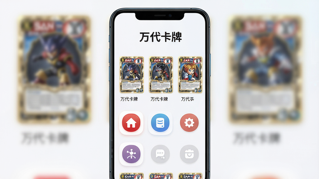 主体为一部竖屏安卓手机,屏幕中央展示万代卡牌应用首页,页面顶部有“万代卡牌”四个字,下方排列卡牌缩略图与功能图标;布局采用居中对称构图,手机置于画面正中央,背景为浅色渐变;排版突出应用界面与卡牌元素,风格为清爽科技感;细节包括卡牌边缘光泽、图标圆角、页面留白均匀;画质高清,画面干净,无多余元素