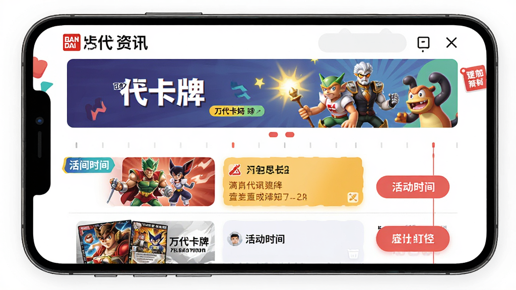主体为手机屏幕展示万代卡牌活动资讯页面,页面中有“万代卡牌”标题与活动时间轴;布局为上下结构,上方为横幅图,下方为资讯列表;排版清晰,重点信息用色块突出;风格为活力资讯风;细节包括日期标签、活动缩略图、按钮圆角;画质高清,画面干净,无多余元素