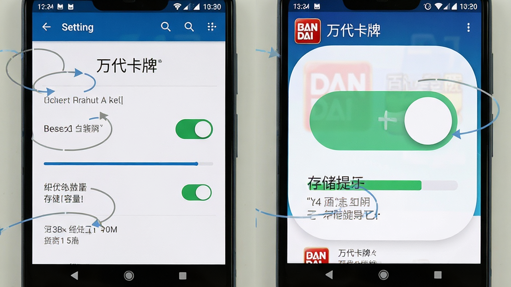 主体为安卓手机设置界面与万代卡牌应用图标并排展示,屏幕上有“万代卡牌”字样与权限开关;布局为左右对比构图,左侧为安装权限页,右侧为应用主界面;排版突出权限开关与存储提示;风格为实用教程风;细节包括开关高亮、存储容量条、提示文字清晰;画质高清,画面干净,无多余元素