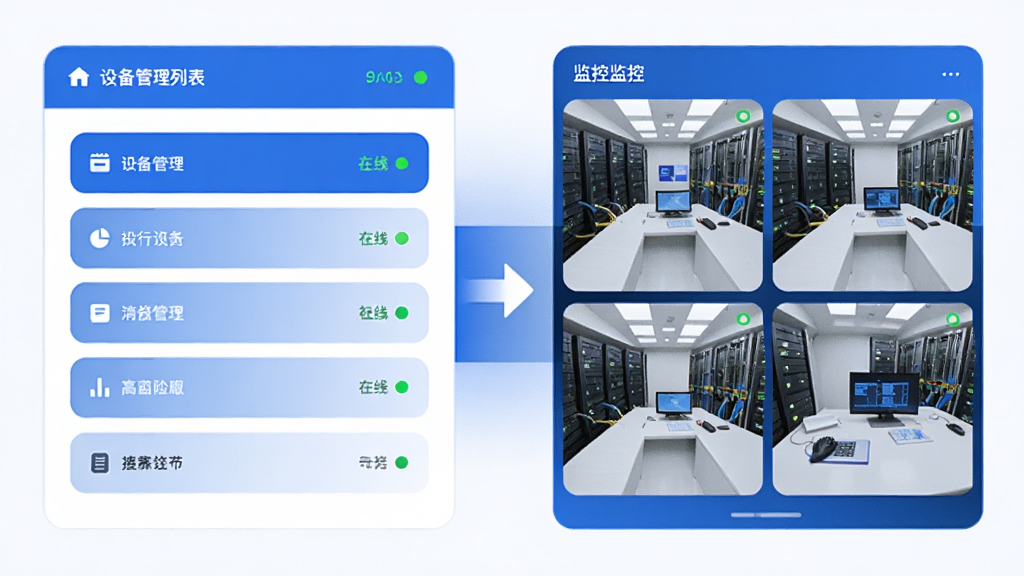 �������Ϊ�豸�����б����棬�Ҳ�Ϊ�Ĺ����ػ��棬�м��Լ�ͷ���ӣ����Ϊ�ִ���ԼUIʾ��ͼ��ϸ�ڰ�����ɫ��ɫ����Բ�ǿ�Ƭ������״̬СԲ�㣬���������ɾ����޶���Ԫ��