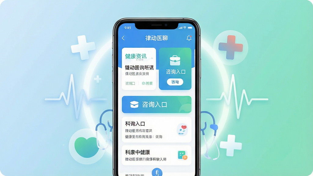 一张展示移动端健康咨询应用界面的场景图,画面中央是一部竖屏智能手机,屏幕内呈现“律动医聊”应用首页,包含健康资讯卡片、咨询入口与科普栏目排版,手机周围环绕柔和的光晕与医疗十字、心跳波纹等抽象图形,布局采用居中对称构图,风格为清爽现代的扁平化UI展示风,细节上手机边框圆润、界面配色以蓝白绿为主、文字清晰可辨,画质高清干净无多余元素