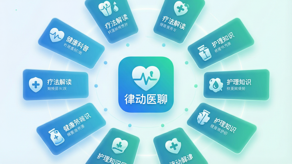 一张表现健康资讯聚合功能的场景图,画面主体为悬浮的多张资讯卡片围绕“律动医聊”应用图标展开,卡片上以图标与简短文字示意健康科普、疗法解读、护理知识等分类,布局采用放射状环绕排版,风格为轻盈的科技健康风,细节上卡片边缘带柔光、背景为浅色渐变、整体色调蓝绿相间,画质清晰干净无多余元素