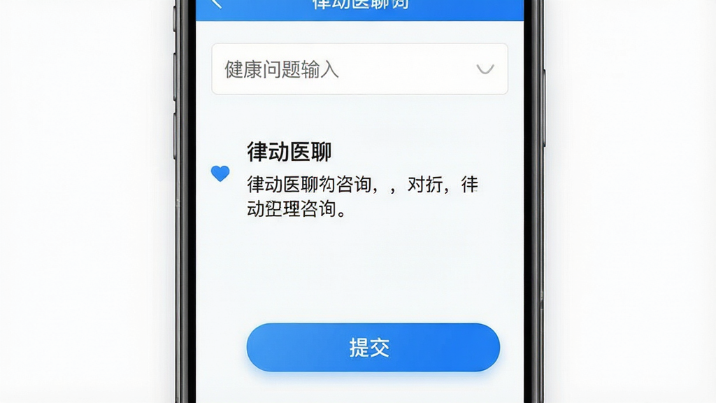 一张展示在线咨询入口的手机界面图,画面为一部手机屏幕特写,屏幕中呈现“律动医聊”咨询对话框与提交按钮,对话框上方有健康问题输入区域,布局为手机居中放置、背景留白,风格为简洁商务风,细节上按钮为圆角高亮、界面文字清晰、配色以白蓝为主,画质高清干净无多余元素