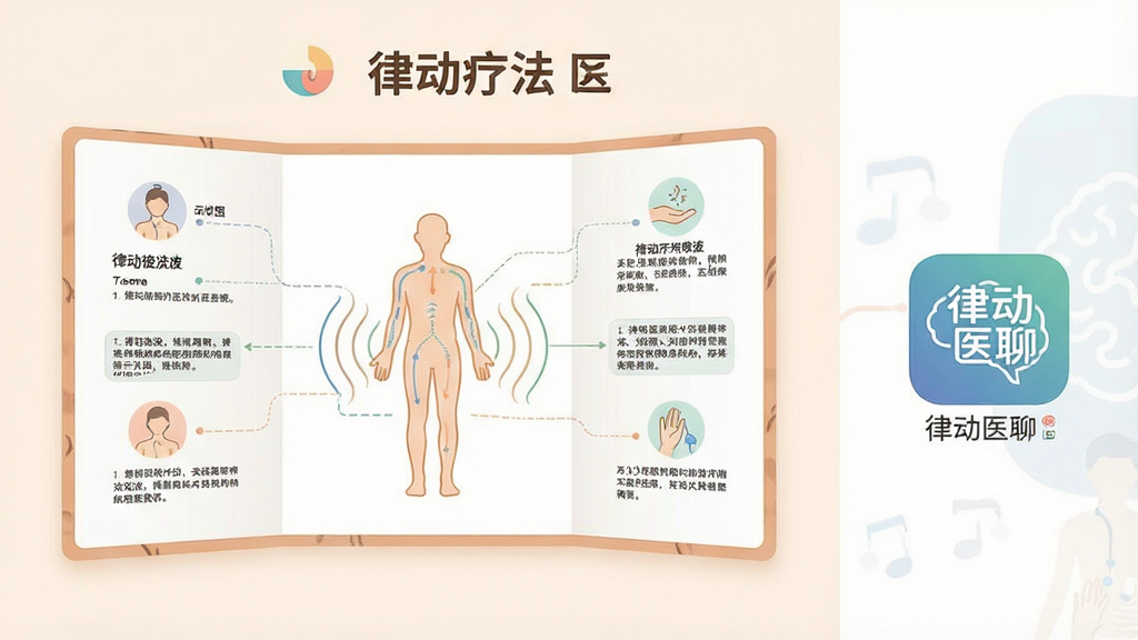 一张表现律动疗法科普板块的示意图,画面中央是一块展开的图文科普面板,面板上以图标和线条示意人体与律动波纹的关系,旁边配有“律动医聊”应用标识,布局为左右分栏排版,风格为温和的医疗科普风,细节上配色柔和、图形简洁、文字区域留白充足,画质清晰干净无多余元素