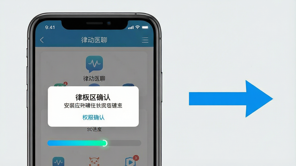一张展示手机安装应用过程的步骤示意图,画面为手机屏幕与安装进度条特写,屏幕中呈现“律动医聊”安装界面与权限确认弹窗,布局为手机居中、步骤箭头指向右侧,风格为清晰教程风,细节上进度条高亮、弹窗文字清晰、背景为浅灰纯色,画质高清干净无多余元素