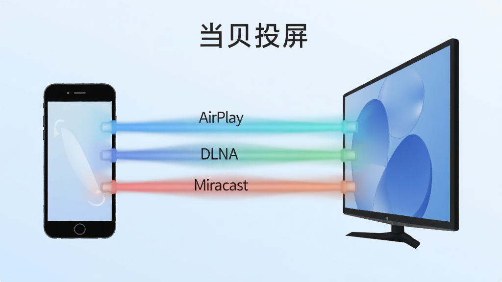 һ���ֻ���һ̨����֮����������ͬ��ɫ�Ĺ������ӣ�ÿ�������Ϸֱ��ע��AirPlay����DLNA����Miracast������������Ϊǳ��ɫ���䣬���־��У�����ƽ���Ƽ��廭��ϸ�ڰ����ֻ�����ӵ�����������������ͣ����ʸɾ����壬�޶���Ԫ�أ�ͼƬ������Ϊ������Ͷ����