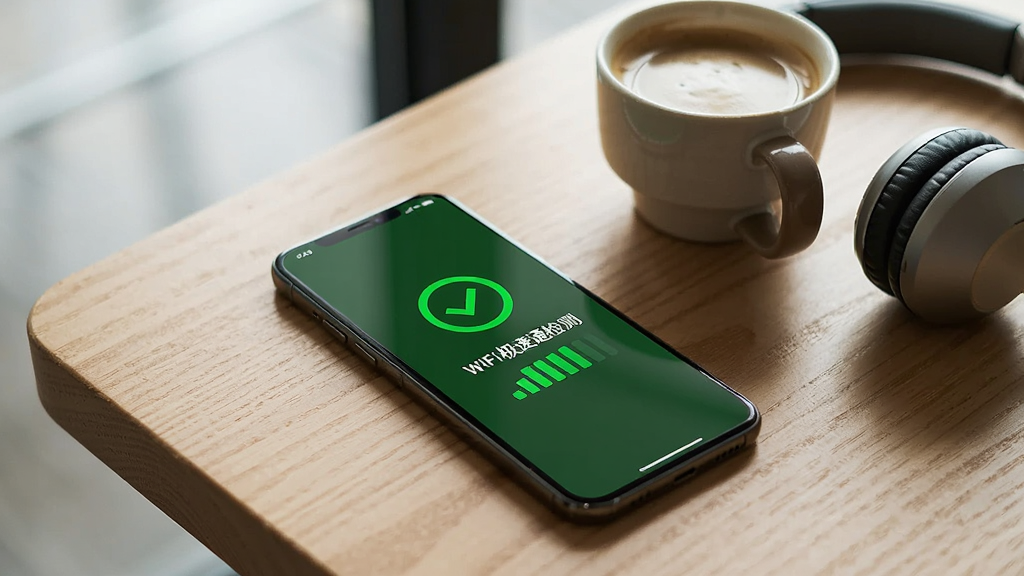 һ���ֻ�ƽ����ľ�������ϣ���Ļ��ʾWiFi����ͨ�����ɵ���ɫ����״̬ҳ�棬ҳ�����жԹ�ͼ����ź�ǿ�������ֻ��Ա߷���һ�����Ⱥ�һ�������������黯���������Ϊ�����Ʒ��Ӱ�����������Ȼ����������������ɾ�����