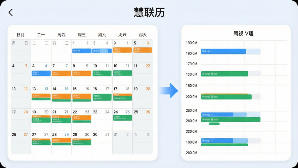 一张横版界面截图风格图片,画面左侧为月历网格,右侧为周视图时间轴,中间以箭头连接表示切换关系,日历格内填充蓝、橙、绿三色日程条,顶部有“慧联历”文字标识,整体布局简洁对称,采用清爽浅色背景与圆角卡片设计,画质干净锐利,无杂乱元素