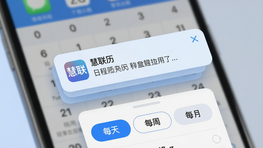 画面主体为一个悬浮的手机通知弹窗,弹窗内显示“慧联历”应用图标与一条日程提醒文字,背景为模糊的日历界面,弹窗下方延伸出重复规则设置面板,包含“每天”“每周”“每月”选项按钮,整体采用柔和的蓝白配色,细节上突出通知卡片与规则按钮的层次,画质清晰,无多余元素