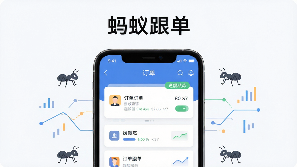 画面主体是一部智能手机,屏幕中央展示“蚂蚁跟单”应用主界面,界面包含订单列表卡片与进度状态标签,手机周围环绕简洁的蚂蚁图标与数据线条元素,布局采用居中对称构图,上方留白放置软件名称文字,整体风格为清爽扁平化科技风,细节上突出界面卡片层次与图标质感,画质清晰干净,无多余装饰元素