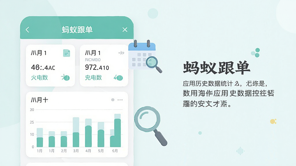 画面主体为“蚂蚁跟单”应用的历史数据统计页面,屏幕中显示按月份分组的数据卡片与简洁的柱状图示,旁边放置放大镜与日历图标元素,布局为左图右文结构,风格为清新浅色系扁平设计,细节上突出数据卡片与图标搭配,画质干净清晰,无杂乱装饰