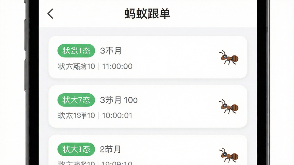 画面主体为“蚂蚁跟单”应用内的订单记录列表页面,多条订单卡片纵向排列,每张卡片带有状态标签与时间信息,右侧配有小巧的蚂蚁图标作为视觉点缀,布局为上下结构,上方为标题栏下方为列表区,风格为简约商务扁平风,细节上强调卡片圆角与文字层级,画质清晰干净,无多余元素