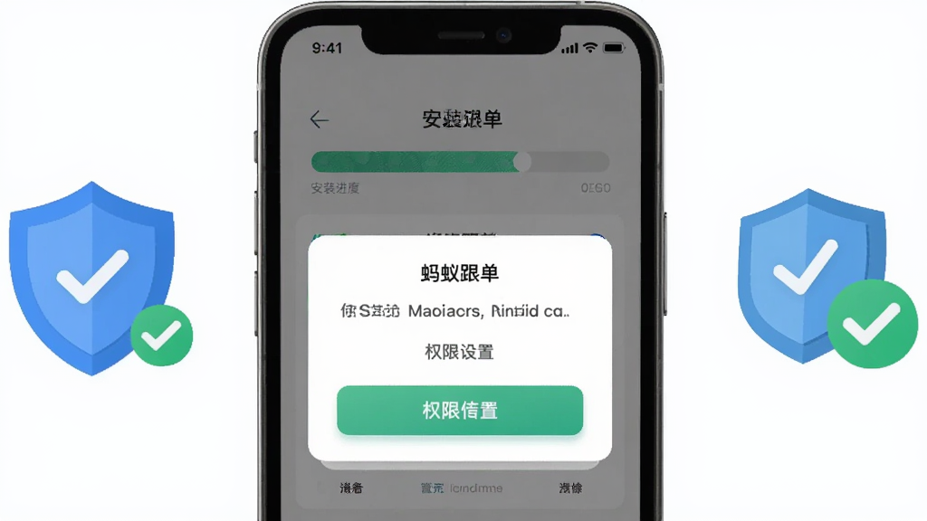 画面主体为一部手机屏幕显示“蚂蚁跟单”安装进度条与权限设置弹窗界面,旁边配有一个盾牌图标与勾选标记元素,布局为手机居中、图标分列两侧,风格为清爽扁平科技风,细节上突出进度条质感与弹窗按钮层次,画质清晰干净,无多余装饰