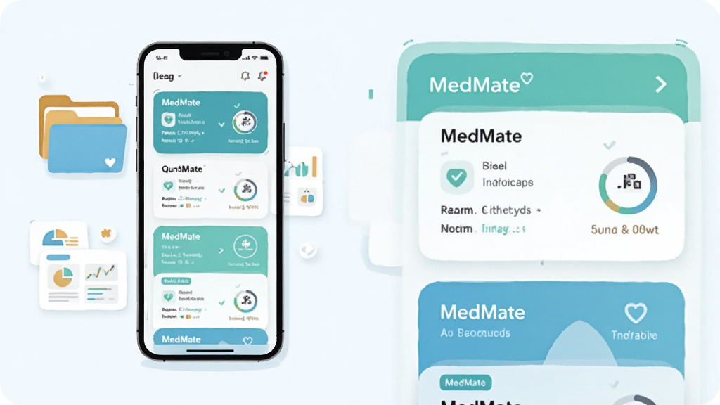 主体为一部平放的智能手机,屏幕显示 MedMate 的健康信息卡片列表界面,卡片以圆角矩形排列,旁边配有文件夹与数据图表元素,布局为左右分栏,左侧手机右侧信息卡片放大展示,风格为清新浅色系扁平插画,细节上卡片标题含