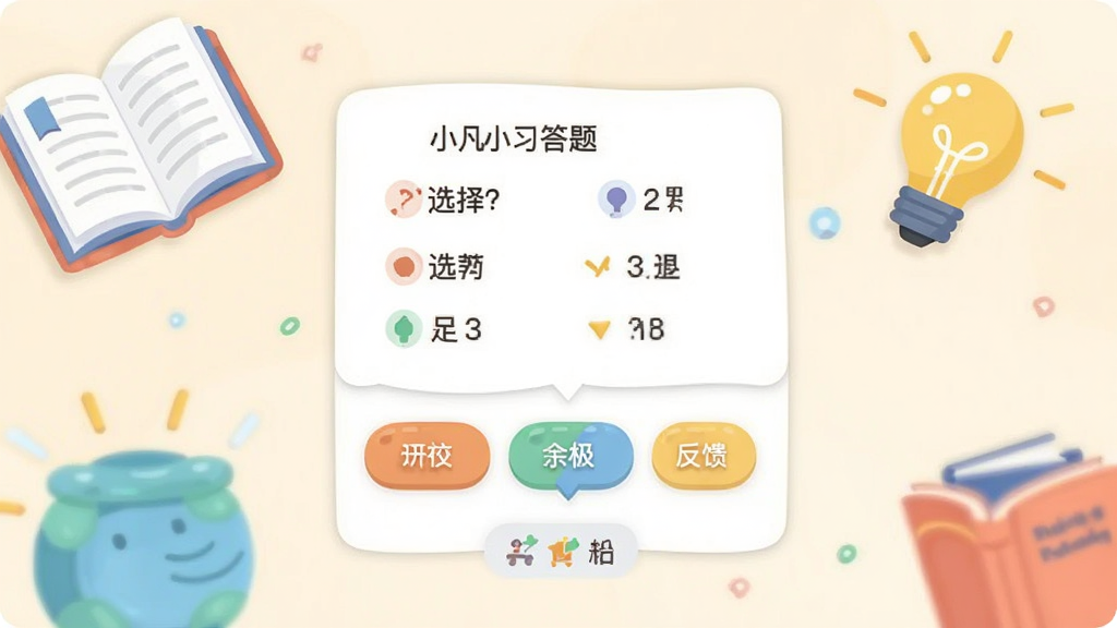 ����չʾ��С����ʿ��Ӧ���е���ϰ������棬����Ϊһ��ѡ���⿨Ƭ���·���ѡ�ť�ͷ�����ʾͼ�꣬��Χ��׺�鱾�����Ԫ�أ�������ͱ�ƽ�廭���ɫ�����죬���־��⣬���������ɾ�