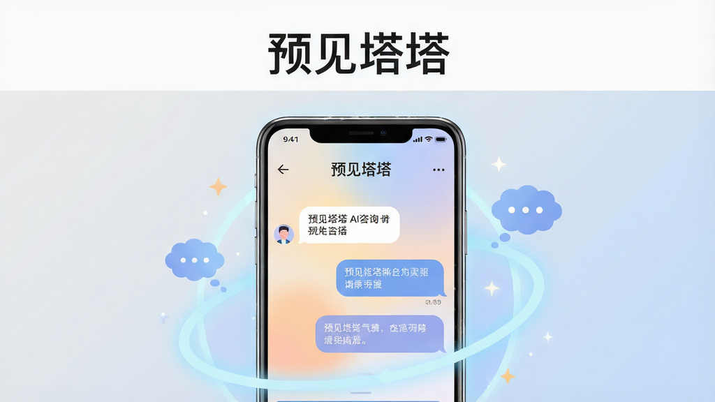 画面主体为一部竖屏安卓手机,手机屏幕上显示“预见塔塔”AI咨询对话界面,界面中有对话气泡与柔和渐变背景,手机周围环绕淡蓝色光晕与抽象思维气泡元素;布局为手机居中放置,背景为浅灰到淡蓝的渐变,上方留白区域放置“预见塔塔”四个汉字;排版简洁,手机界面文字清晰可读;风格为现代科技感与温暖治愈风结合,扁平化插画质感;细节包括手机边框的高光、对话气泡的圆角处理、背景中微弱的星光点缀;画质高清,干净,无多余元素