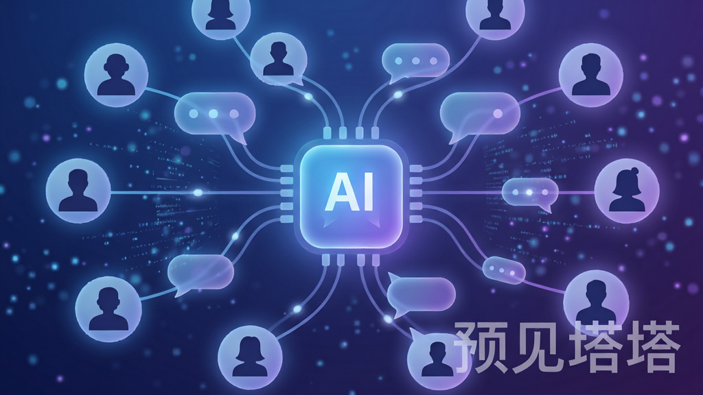 画面主体为一个发光的AI对话核心图标,图标周围延伸出多条对话气泡线条连接不同用户头像剪影;布局为中心放射状构图,核心图标位于画面正中央;排版上“预见塔塔”字样以半透明水印形式出现在右下角;风格为科技蓝紫渐变,带有柔和的发光效果;细节包括气泡线条的流动感、头像剪影的多样化、背景中的数据粒子;画质高清,干净,无多余元素
